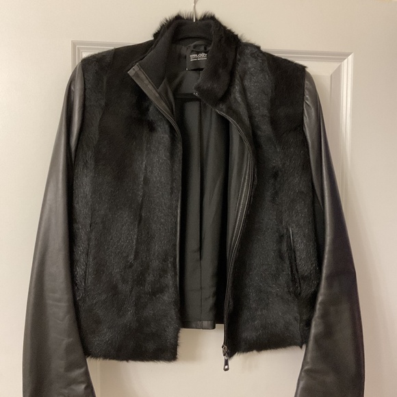 Leather/fur jacket black by Trilogy Collection size M - Picture 1 of 7